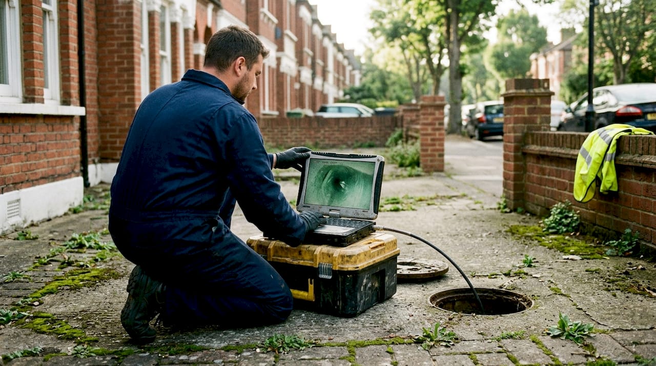 Technician inspecting drain in London driveway