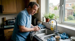 Homeowner examining slow draining kitchen sink