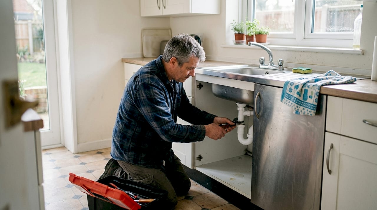 Homeowner inspecting pipe under kitchen sink