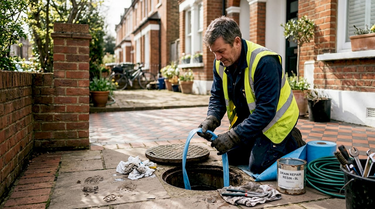 Technician installing drain liner at London home