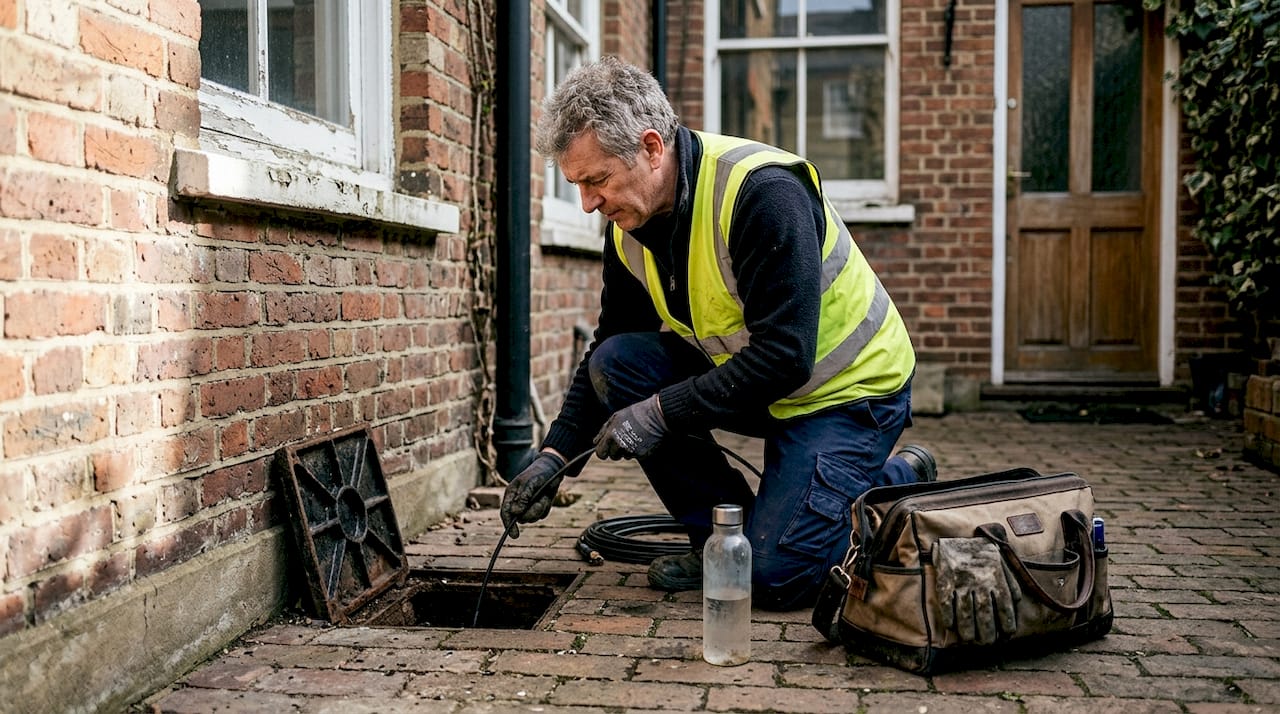 Plumber inspecting outdoor drain at London home