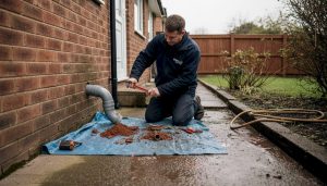 Technician repairing exterior drainage pipe house