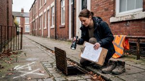 Property manager inspecting open outdoor drain