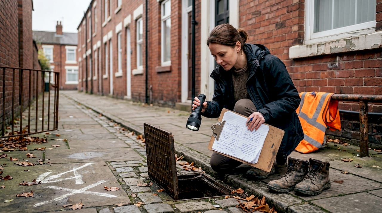 Property manager inspecting open outdoor drain