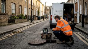 Drainage engineer using inspection camera in London street