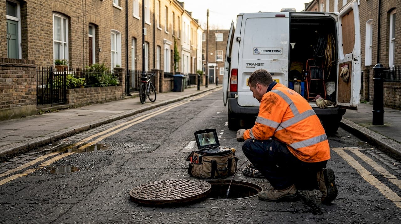 Drainage engineer using inspection camera in London street