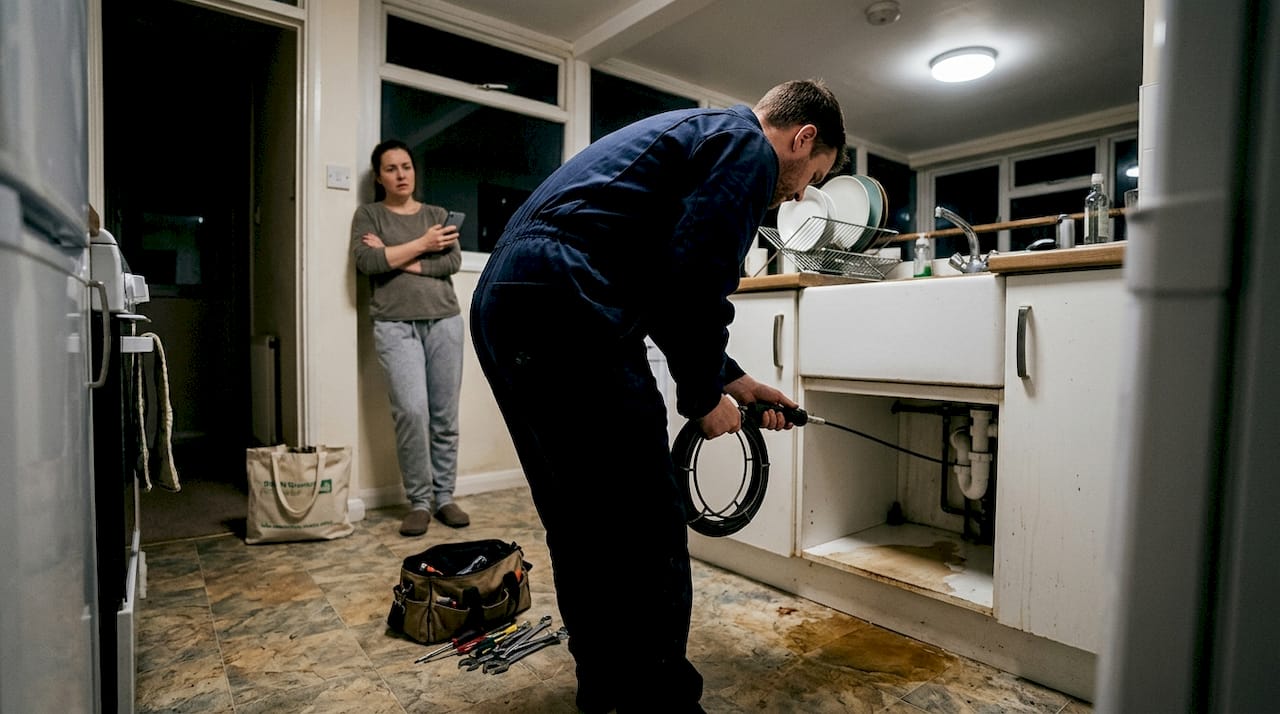 Drainage expert inspects kitchen sink late at night