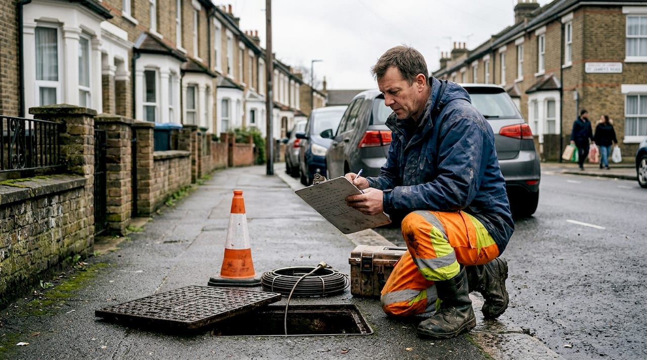 Drain surveyor inspecting manhole on London street