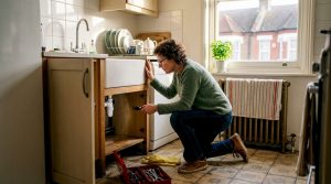 Homeowner inspecting kitchen sink drain