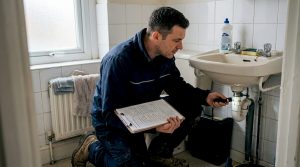 Drainage professional checks bathroom sink pipe
