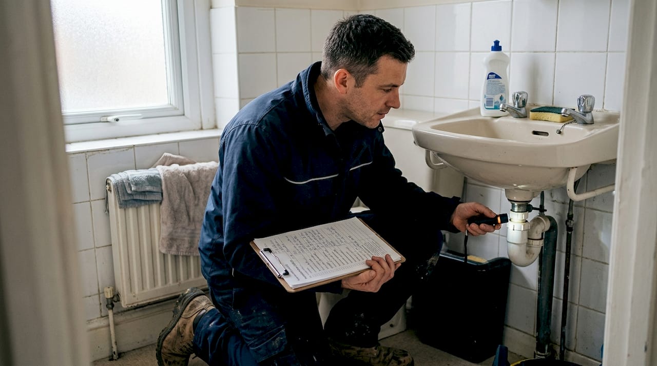 Drainage professional checks bathroom sink pipe