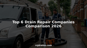 Two drain repair technicians beside van on wet street