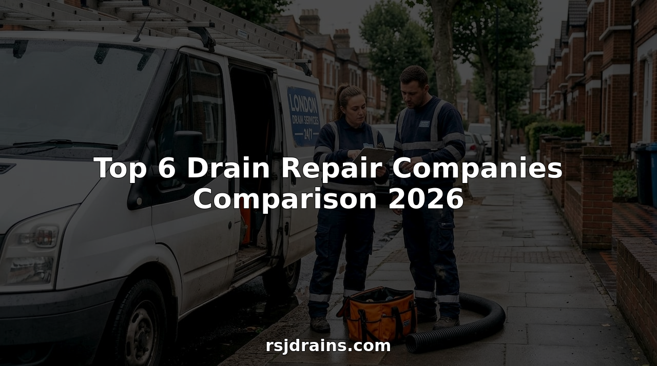Two drain repair technicians beside van on wet street