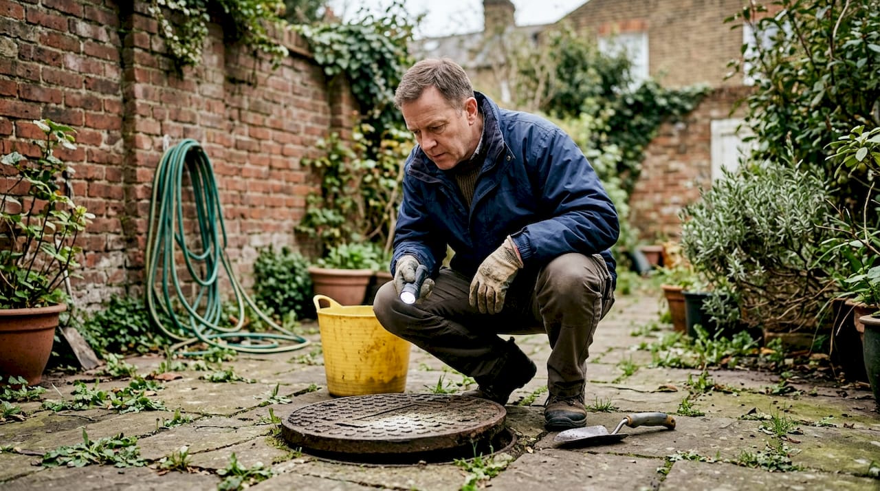 London homeowner inspecting garden drain cover