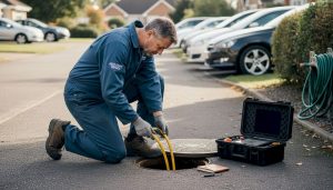 Engineer inspecting residential drainage onsite