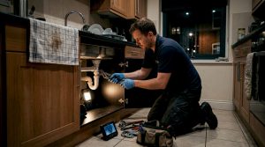 Drainage technician fixing sink late at night