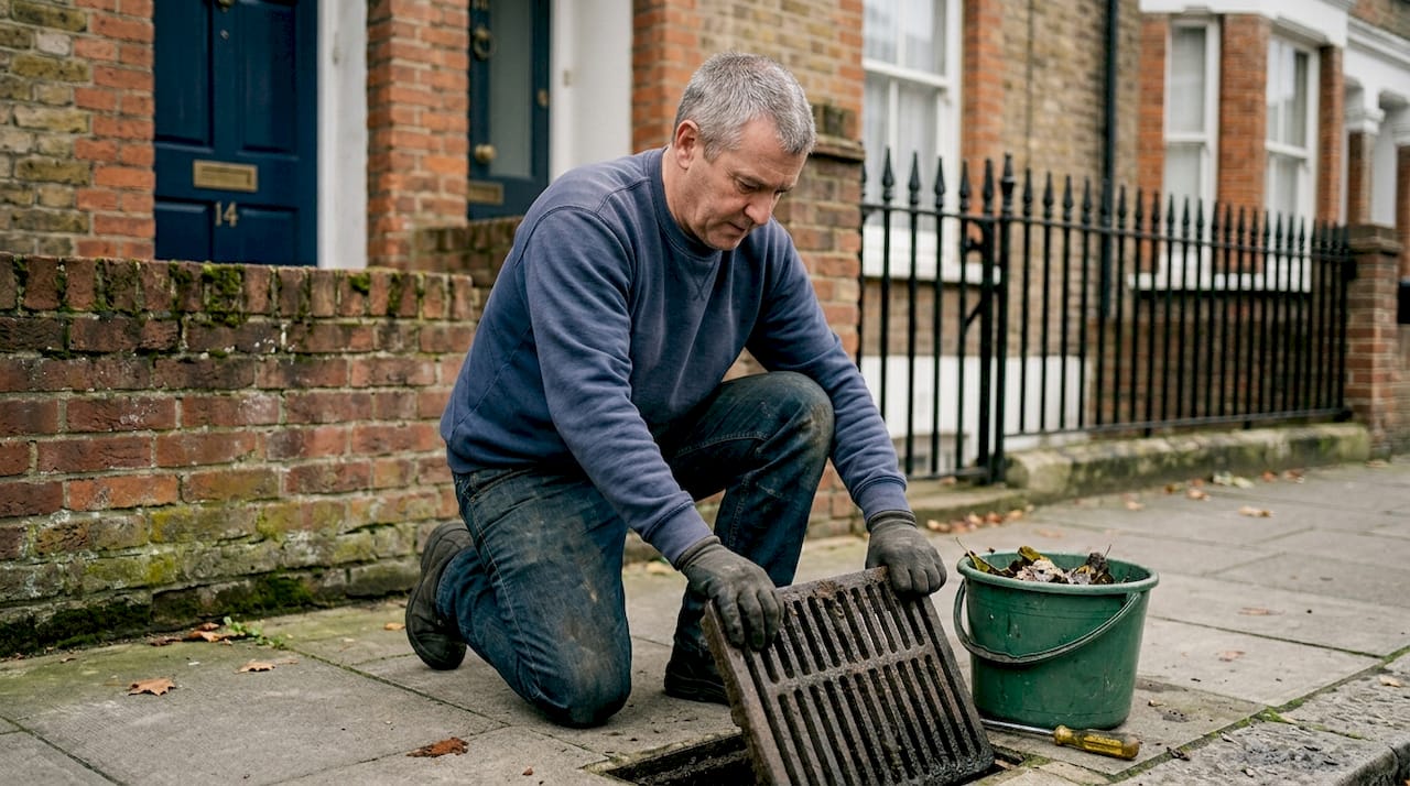 Londoner cleaning outdoor drain at home