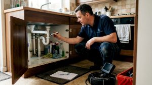 Drainage expert inspecting kitchen sink pipes