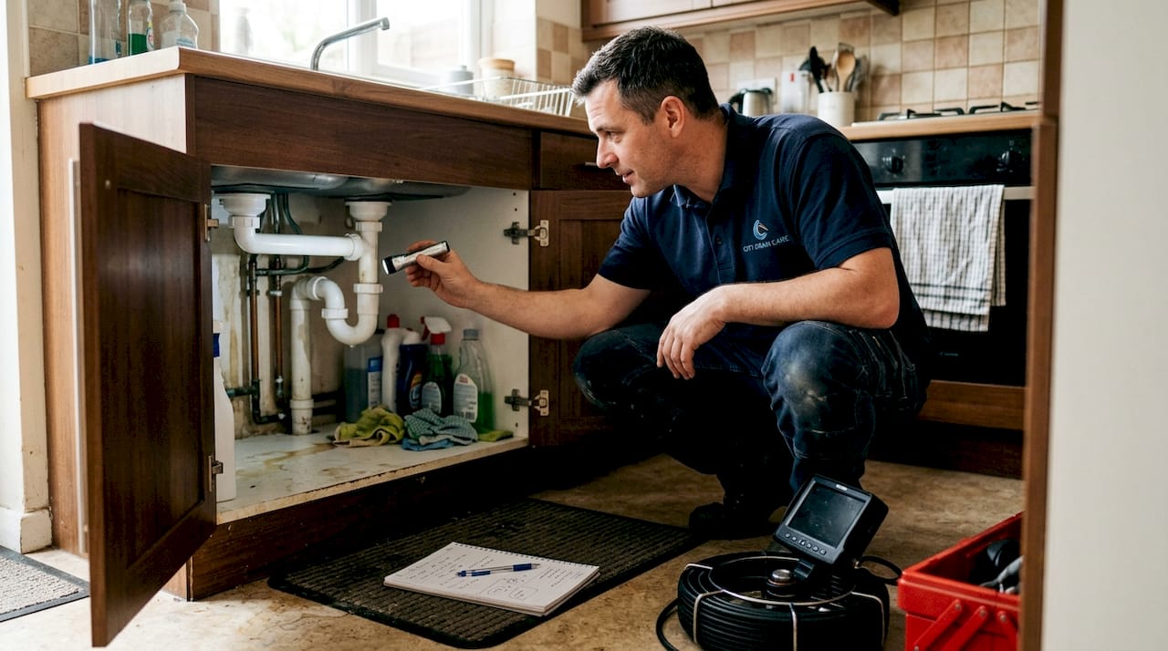 Drainage expert inspecting kitchen sink pipes