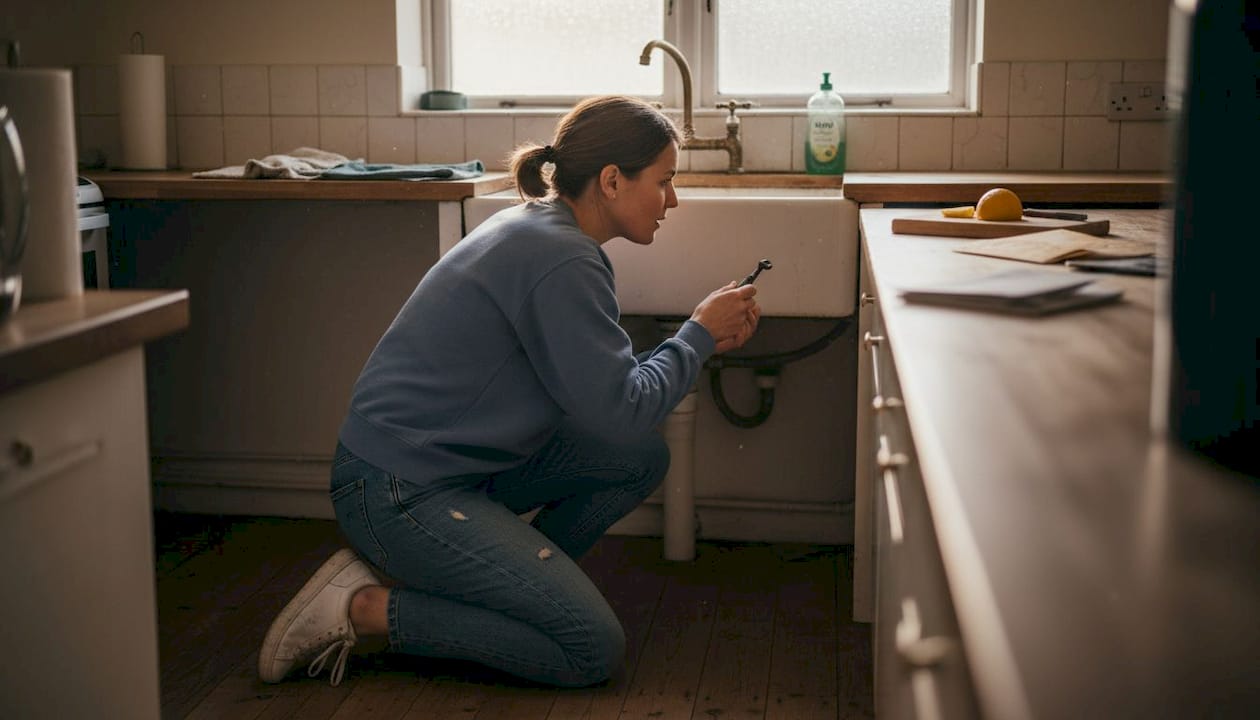 Homeowner checking kitchen drain in old house