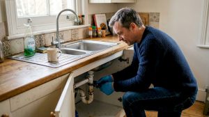 Homeowner inspecting kitchen drain pipe