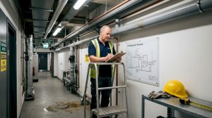 Facilities manager inspects commercial drainage pipes