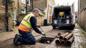 Technician operating water jetting on outdoor drain