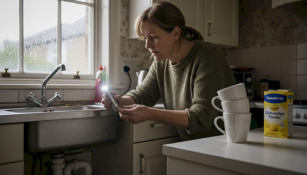 Homeowner inspecting kitchen sink drain pipes