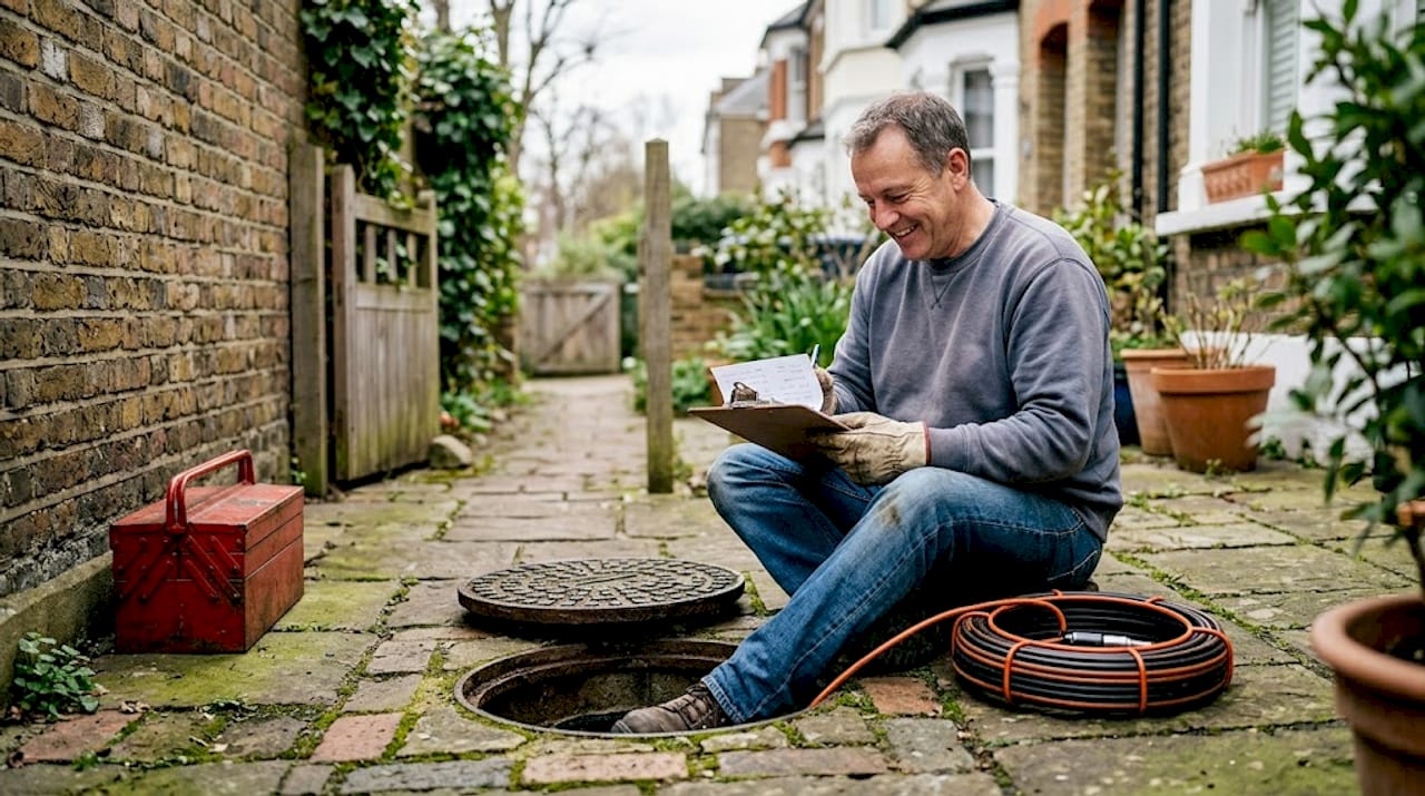 Homeowner inspecting drain with camera in driveway