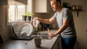 Homeowner inspecting blocked kitchen sink