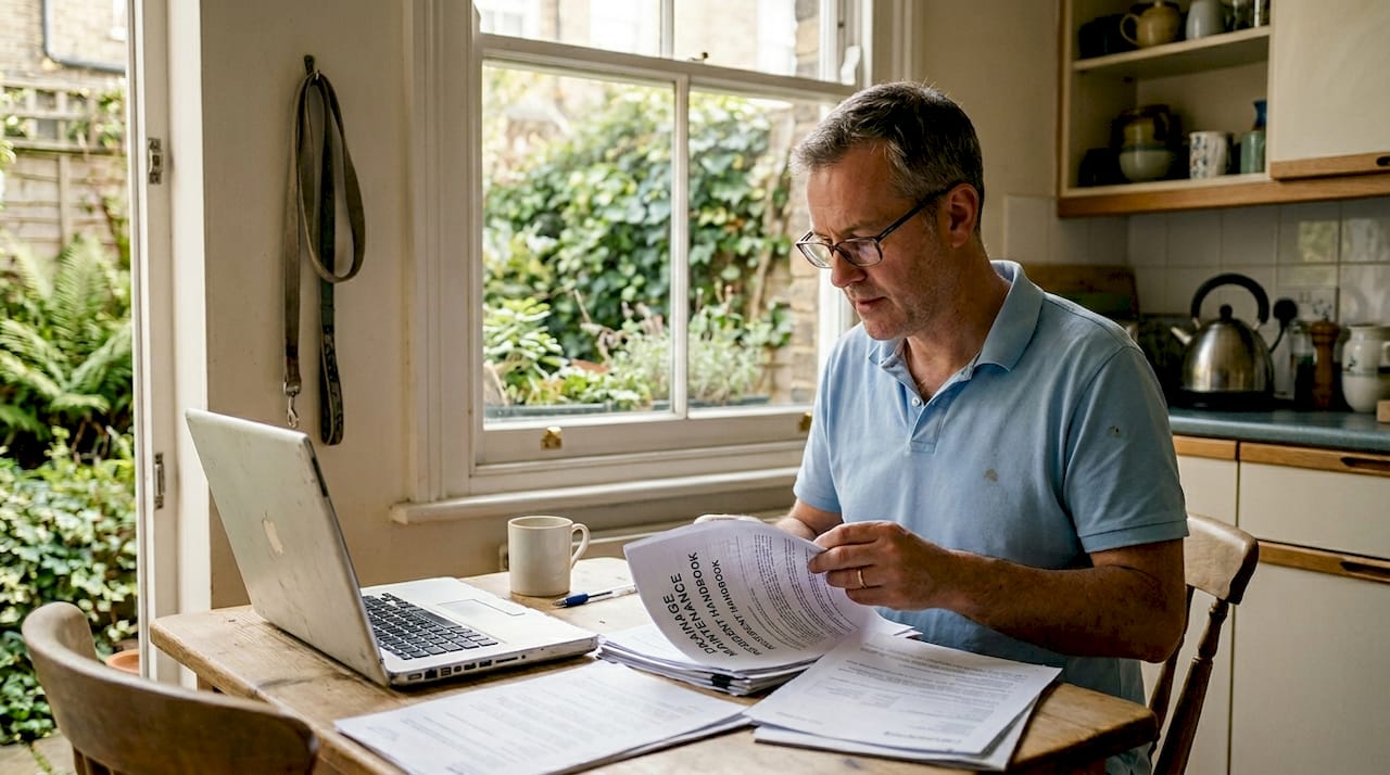 London homeowner reviewing drainage paperwork in kitchen