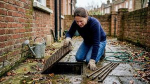 Person checking drain cover outside London home