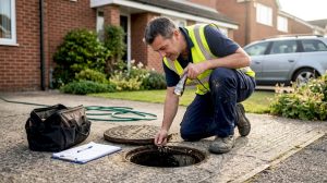 Drain specialist inspecting home exterior drain