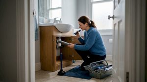 Homeowner performing routine bathroom drain check