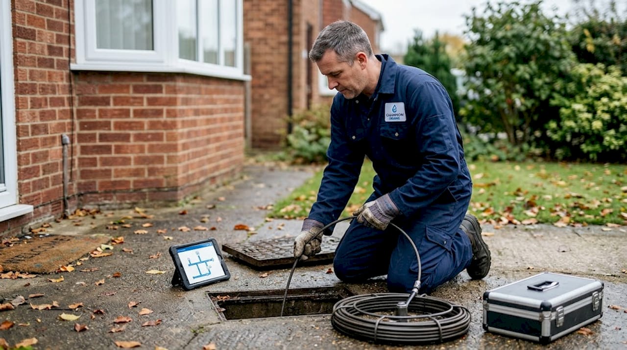 Technician performing drain tracing with inspection tools