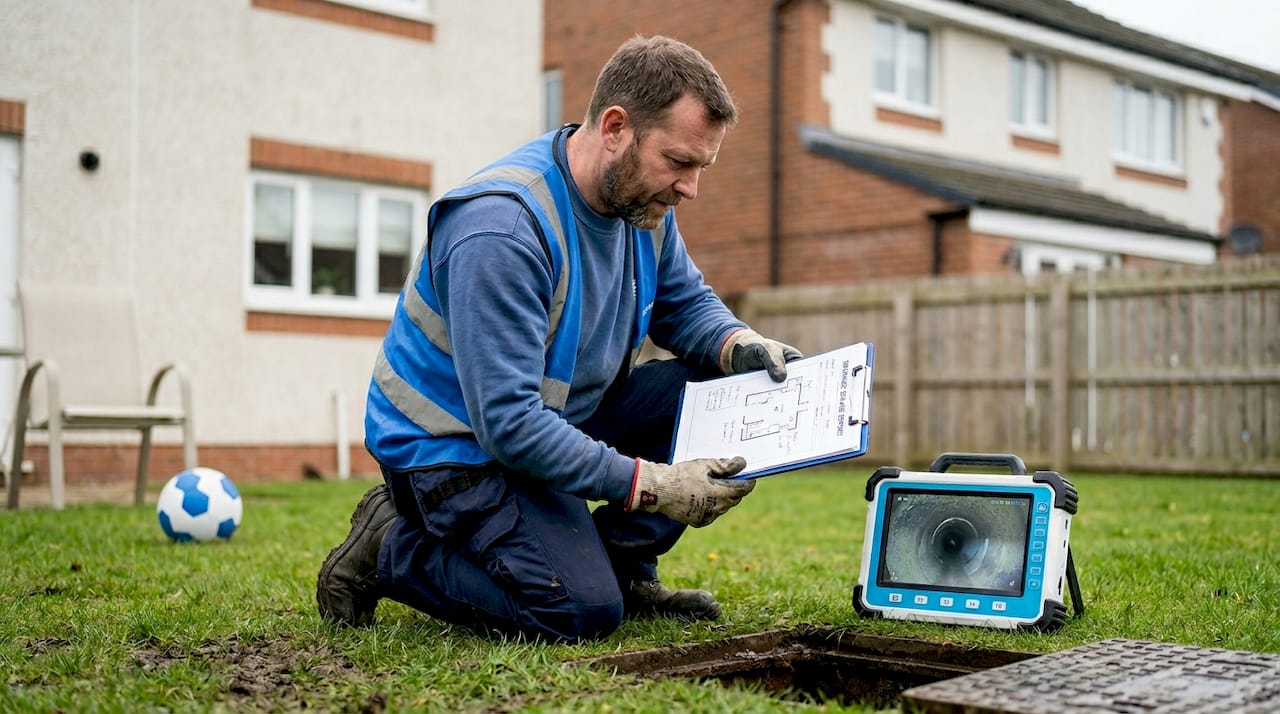 Drain mapping technician reviewing garden drainage