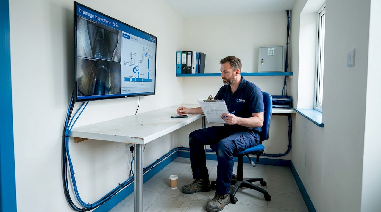 Drainage technician reviewing digital tools
