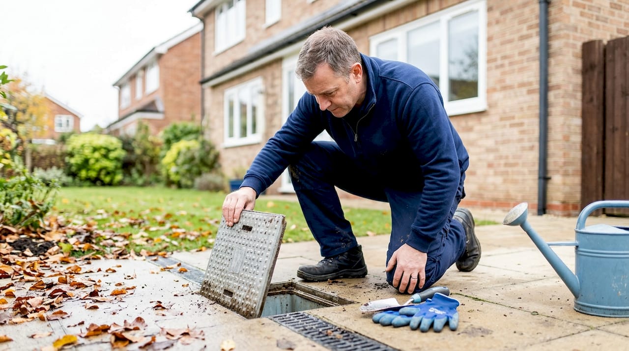 Homeowner checking drain outside house