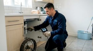 Drain technician inspecting clogged kitchen sink pipe