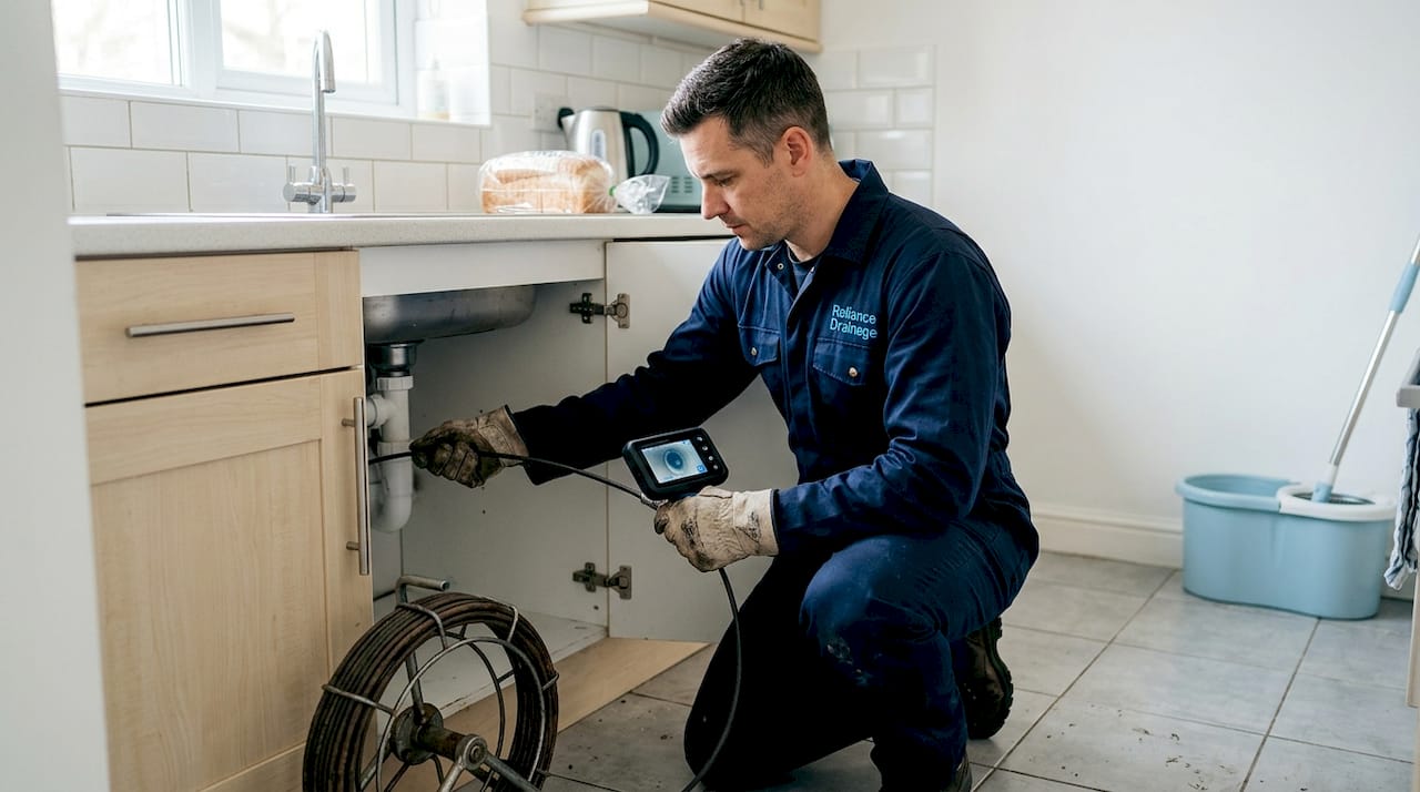 Drain technician inspecting clogged kitchen sink pipe
