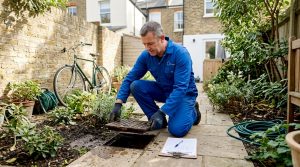 Contractor inspecting London garden drain cover