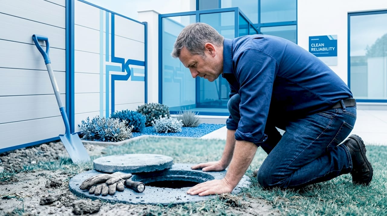 Homeowner inspecting cracked outdoor drain pipe